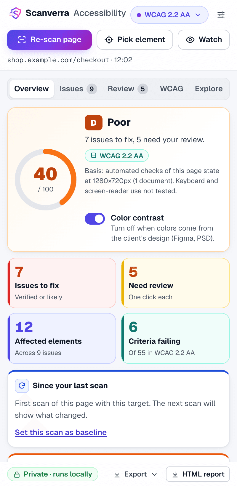 Der Seitenbereich von Scanverra Accessibility mit dem Barrierefreiheits-Score einer Seite, Problemen nach Schweregrad und den zuerst zu behebenden Problemen